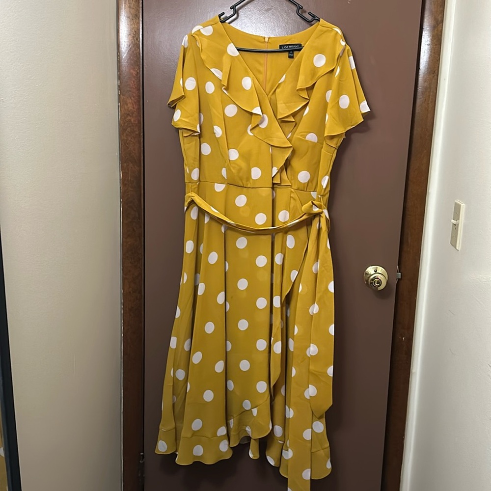Lane Bryant yellow polka dot dress with belt.